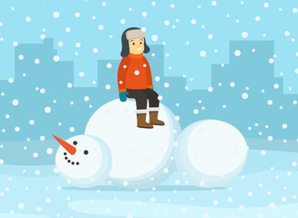 Winter season holidays. Happy male kid sitting on a broken snowman. Front view. Flat vector illustration template.