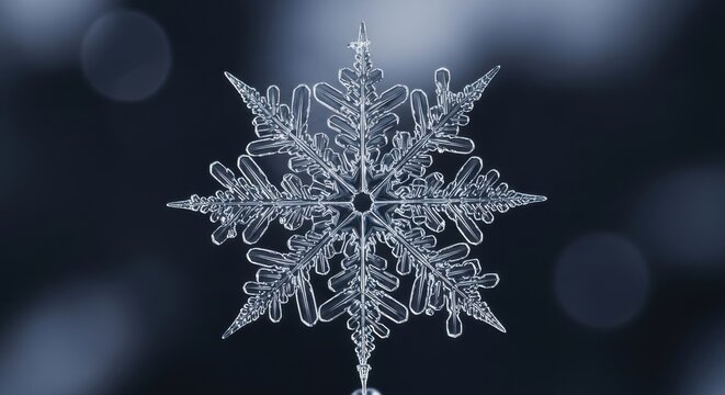 Extreme close up macro photograph of an intricate and delicate ice crystal snowflake showing its unique symmetrical hexagonal structure against a soft bokeh background