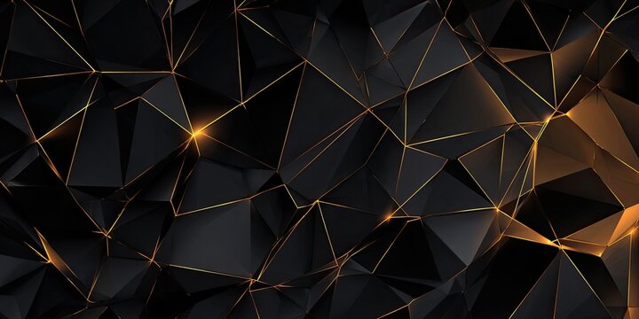 Abstract black and gold geometric design, low-poly style with glowing accents
