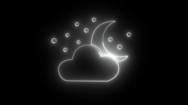  Neon shiny moon  icon,Animation of neon severe-weather icon on isolated black background. neon cloud with rain and ocean wave concept.