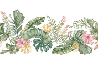 Tropical Floral watercolor seamless border isolated white. Palm fronds with pink and yellow blossoms in delicate repeating horizontal pattern. Exotic flowers for spa menu, beach wedding, textile.