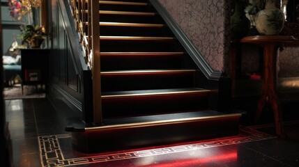 Set of stairs in a luxurious home. the stairs are black with gold railings and have a red carpet at the bottom. the floor is made of black tiles with a geometric pattern.