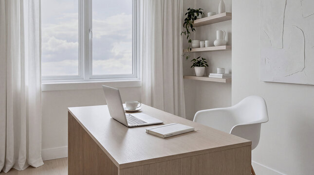 Bright minimal workspace featuring cloud dancer decor and window view