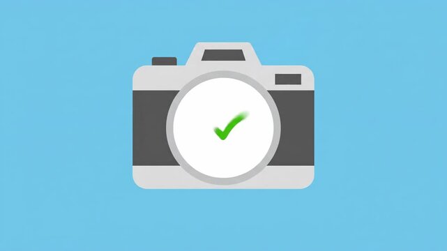 Camera graphic logo with a mountain inside the lens, with a loading progress bar, isolated on a solid blue background.