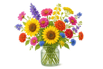 Colorful summer wildflowers bouquet in glass vase, garden zinnia, sunflower, and delphinium on transparent background