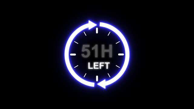 24 hours clock with circle arrow and the numbers 51 Hour left. video animation on alpha channel background, Clock timer, time passage waiting time animation (4K). 51 Hour Countdown timer. Clock icon.