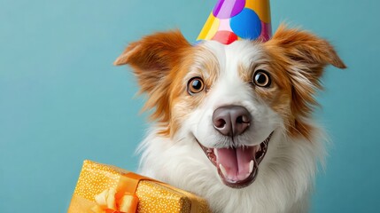 A happy dog wearing a colorful party hat and holding a wrapped present, suitable for holiday or celebration themes