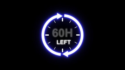 24 hours clock with circle arrow and the numbers 60 Hour left. video animation on alpha channel background, Clock timer, time passage waiting time animation (4K). 60 Hour Countdown timer. Clock icon.