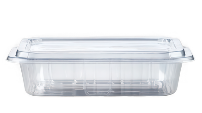 A clear plastic container with a lid sitting on a black background in a studio shot setting