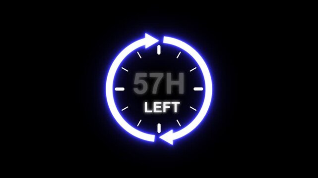 24 hours clock with circle arrow and the numbers 57 Hour left. video animation on alpha channel background, Clock timer, time passage waiting time animation (4K). 57 Hour Countdown timer. Clock icon.