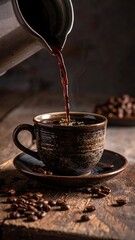 Coffee being poured into a mug, accompanied by coffee beans