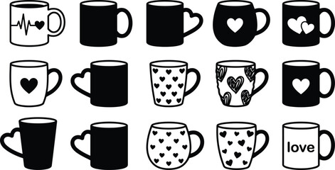Collection of Black Coffee Mug Silhouettes Featuring Heart Shapes, Love Symbols, Romantic Themes, Valentine's Day Decor, and Gift Ideas