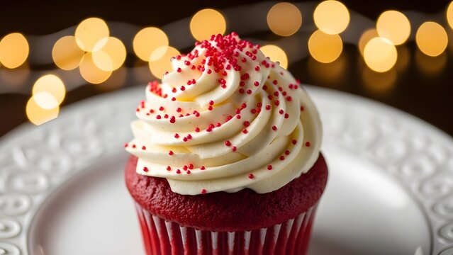 A red velvet cupcake topped with creamy white frosting and red sprinkles, beautifully lit with warm bokeh for a festive holiday dessert feel. - Powered by Adobe