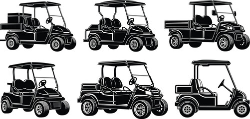 Golf Cart Silhouette Vector Set Featuring Diverse Utility Designs, Seating Arrangements, and Cargo Styles in Black and White Icons