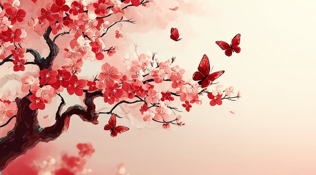 Cherry Blossom Tree with Red Flowers and Butterflies in Spring - Powered by Adobe