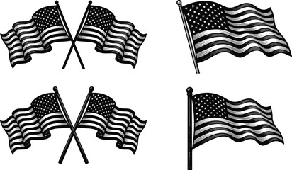 Set of American Flag Silhouettes in Waving and Crossed Styles for Patriotic Design, National Celebration, and Memorial Graphics