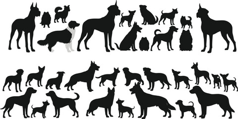 Dog silhouettes, breed variety, black figures, white background, posture, size diversity, pet design, isolated, graphic, minimal, stylized, canine, animal, domestic, walking, sitting, standing, tail,