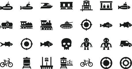 A diverse collection of modern vector glyph icons featuring transportation, nature, military, robotics, and industrial symbols for graphic design projects, mobile apps, and user interfaces.
