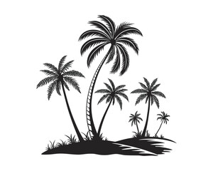 Fototapeta premium A black silhouette of several palm trees with fronds swaying, set against a white background, evoking a tropical island scene