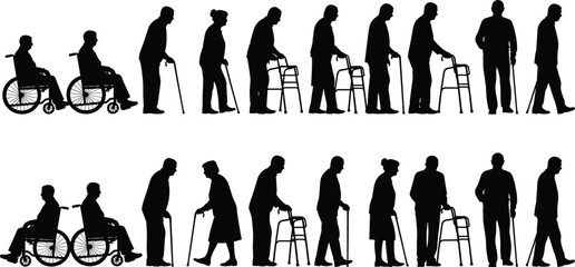 Elderly mobility silhouette, aging progression, wheelchair to walker, cane support, standing unaided, black and white contrast, healthcare concept