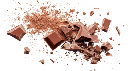 A close-up of broken chocolate pieces scattered on a clean white surface. with cocoa powder dusting around. ideal for culinary articles or dessert recipes