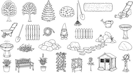 Hand-drawn collection of garden elements, tools, plants, and decorative items. Features trees, fences, wheelbarrow, gnomes, rocks, birdbath, bench, shed, and more in a sketch style.