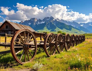 Fototapeta premium A line of antique wagon wheels and a rustic wooden barn against a backdrop of snow-capped mountains and a bright blue sky