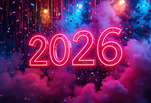 Glowing Happy New Year 2026 Neon Sign smoky abstract background, Dynamic 2026 numbers emerge from smoky multicolor clouds