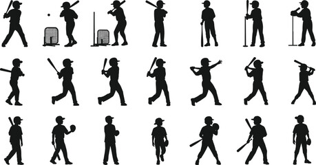 Silhouette Vector Set of Children Playing Baseball in Various Poses with Equipment, Batting, Pitching, and Training Actions in Black