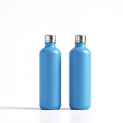 Two blue reusable water bottles stainless steel caps eco friendly hydration on white background isolated shot