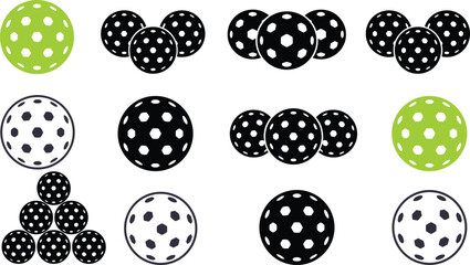 Set of Colorful Wiffle Ball Silhouettes with Hexagonal Holes in Various Arrangements for Sports, Games, and Design Projects