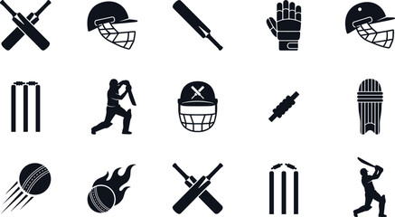 Set of Cricket Silhouette Icons Featuring Bats, Helmets, Balls, Stumps, Pads, Gloves, and Player Poses for Sports Graphics