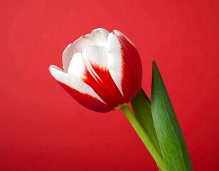 Close-up of a single tulip flower with red and white petals, red backdrop