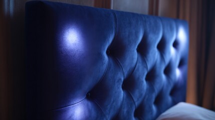 Close-up of a blue velvet headboard with a tufted design. the headboard is upholstered in a deep blue velvet fabric and has a buttoned design on the top.