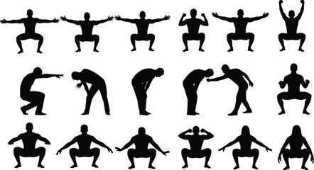 Silhouettes of human figures performing squat poses and movements for fitness, exercise, body mechanics, dance, and motion design themes