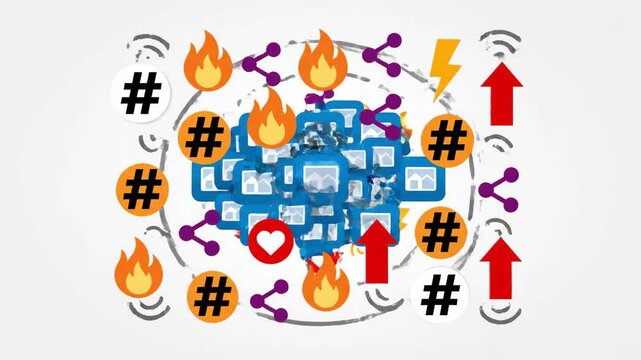 Social media growth concept with photos, hashtags, shares, fire, lightning bolts, hearts, and arrows, on a white background, demonstrating trends and viral content.