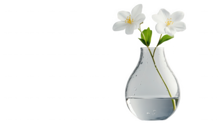 Two white flowers with green leaves in a clear glass vase against a stark black background studio shot on transparent background