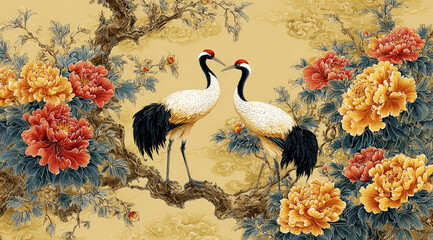 Naklejka premium Two red - crowned cranes with peonies in a traditional Chinese painting style