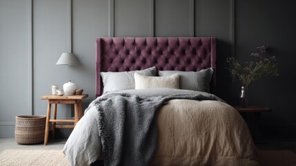 Fototapeta premium Modern bedroom with a large bed in the center. the bed has a purple tufted headboard and is covered with a beige comforter and two white pillows.