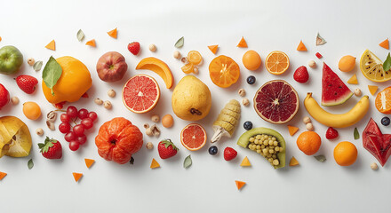  Colorful assorted fresh fruits and berries flat lay on white background, vibrant healthy food pattern for modern banner, website hero header or diet concept
