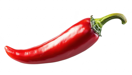 A red chili pepper with a glossy surface. its natural curves and textures. set against a clean white background. ideal for culinary or health-related content