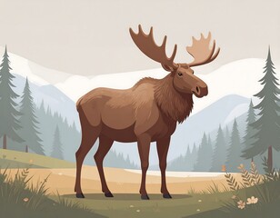 A majestic moose stands in a forest clearing, mountains in the backdrop. The animal is brown with large antlers, grassy ground