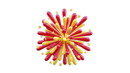 Vibrant Red And Yellow 3D Fireworks Bursting With Small Stars Against A Black Background Minimalist Celebration Element