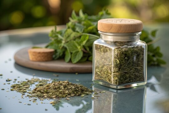 A clear glass jar filled with dried herbs sits on a reflective surface next to a small pile of spilled herbs and a bunch of fresh herbs in the background
