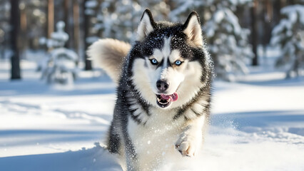 Naklejka premium Husky running through snowy forest with trees in background