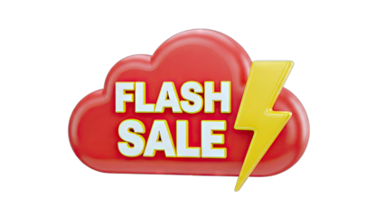 Vibrant Red Cloud With Yellow Lightning Bolt Symbolizing Flash Sale Event With Bold White Text On A Transparent Background Dynamic Marketing Concept