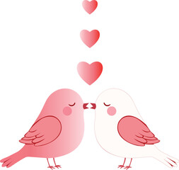 Two Cute Pink Birds Kissing with Hearts Floating Above