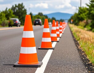 A line of traffic cones with white stripes guides vehicles. The photo has a shallow depth of field, with trees and cars