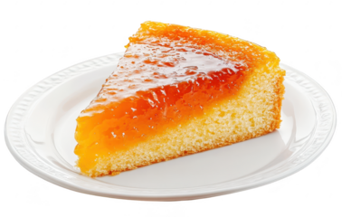 A delicious slice of glossy orange jelly cake on a white plate. its color and smooth texture. perfect for dessert lovers and culinary enthusiasts