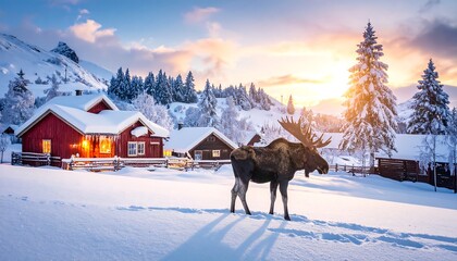 A majestic moose stands in a snowy village, red houses nestled amongst frosted trees under a vibrant sunset
